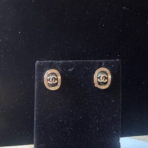 Chanel Gold and Black enamel Logo Oval Stud Earrings - signed in back